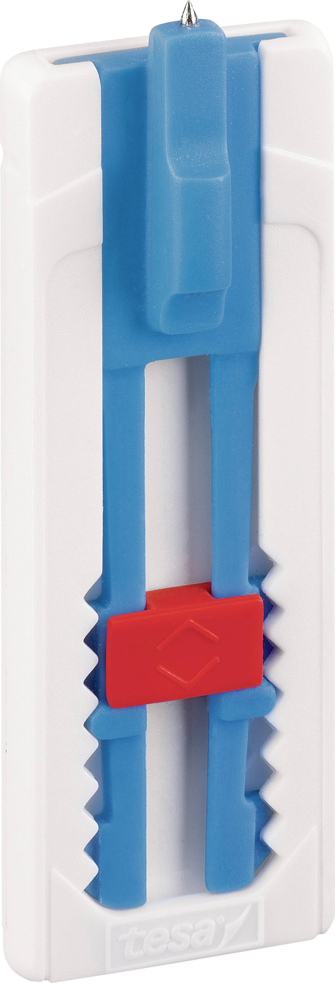 Ein weiß-blaues Kunststoffgerät mit rotem Schiebemechanismus, vermutlich ein Wandhaken oder Abziehgerät.