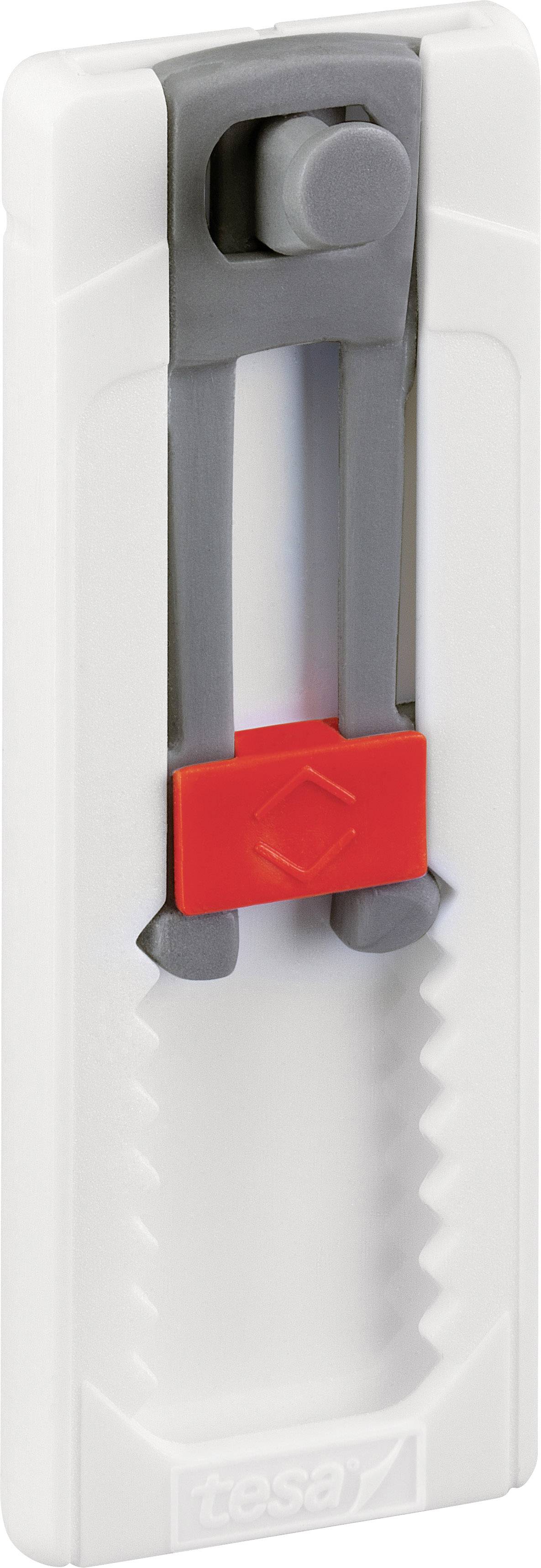 Ein weißer Wandhaken mit grauem Mechanismus und rotem Schiebeknopf, der für die einfache Anbringung an der Wand konzipiert ist.