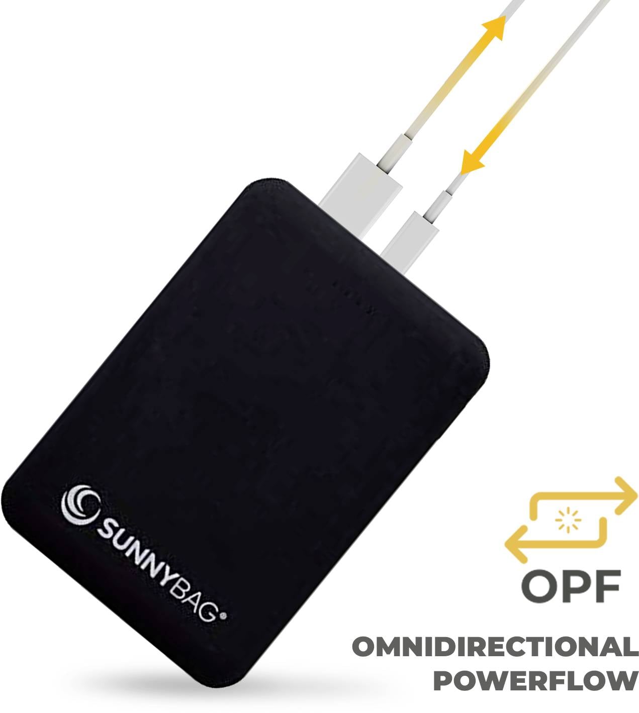 Ein schwarzes Gerät von SunnyBAG zeigt bidirektionalen Stromfluss. Text: 'OMNIDIRECTIONAL POWERFLOW' und Symbol mit Pfeilen.