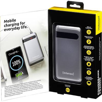 'Intenso' Powerbank-Verpackung zeigt das Produkt und Merkmale, wie 10.000 mAh Kapazität, schnelles Laden und Statusanzeige.