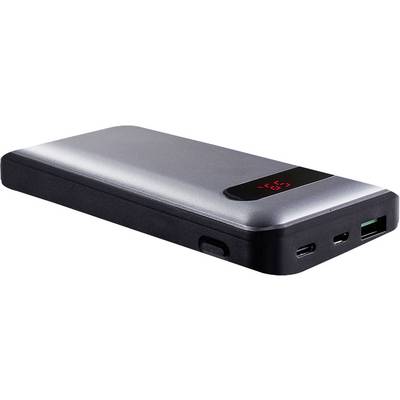 Eine schwarze und graue tragbare Powerbank mit einem digitalen Display, das die verbleibende Ladung anzeigt.