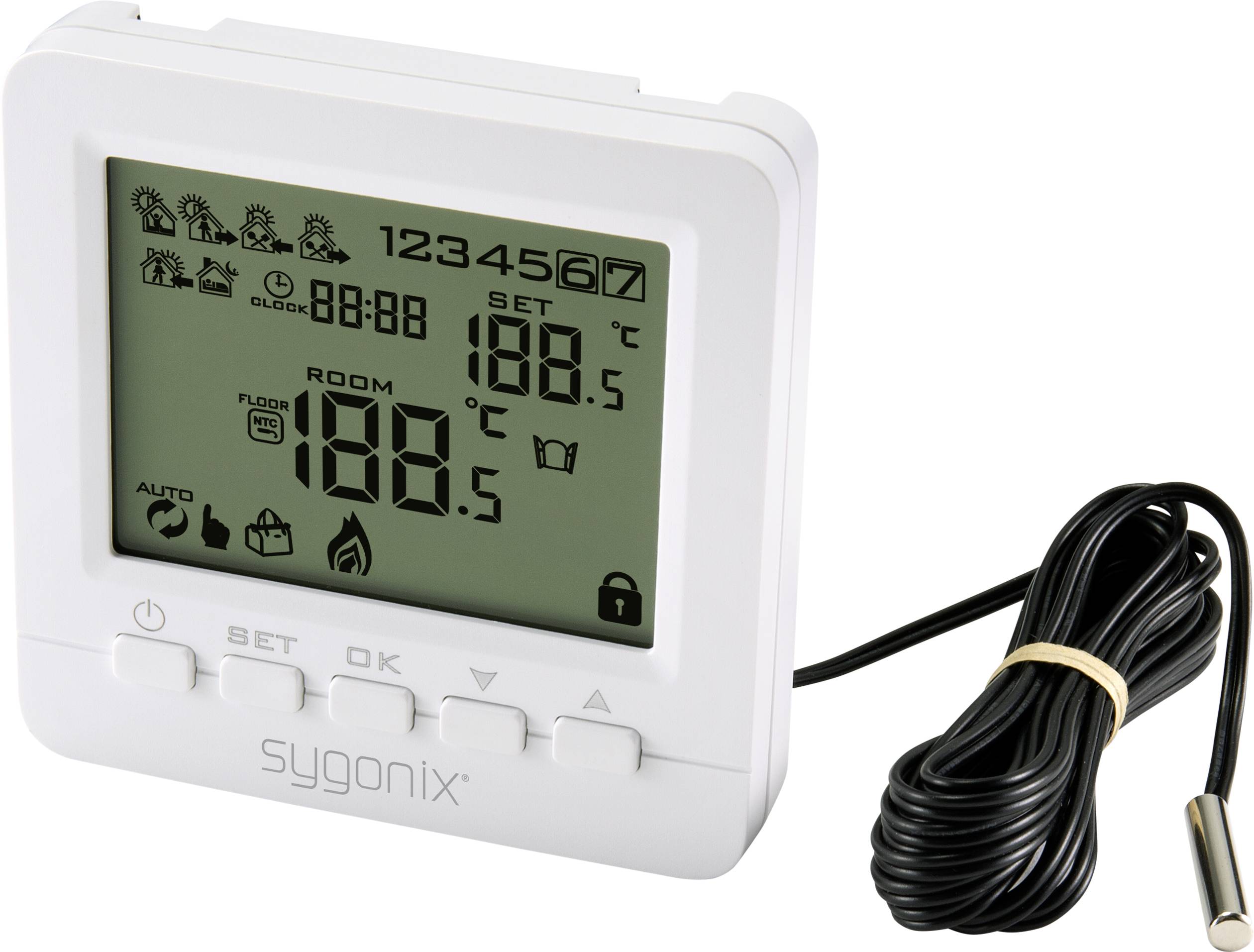 Digitales Thermostat mit LCD-Display zeigt Raumtemperatur und Einstellungen. Kabelsensor liegt daneben. Markenname 'sygonix' sichtbar.