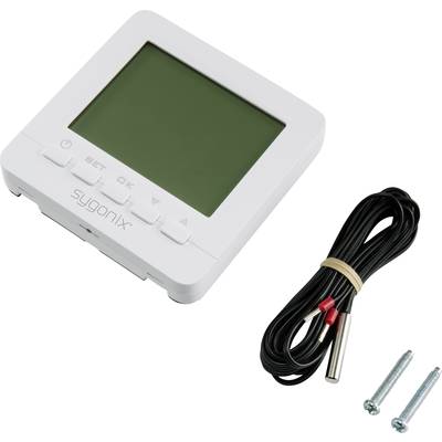 Digitales Thermostat mit großem Display, vier Tasten zur Bedienung, Kabelsensor und zwei Befestigungsschrauben.