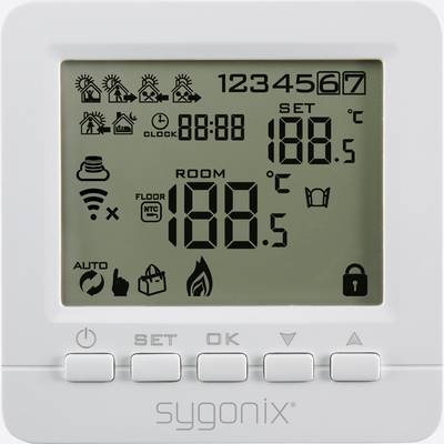 Ein digitaler Thermostat zeigt eine Raumtemperatur von 18,5 °C und eine eingestellte Temperatur von 18,0 °C an. Symbole für WLAN, Heizung und Automodus sind sichtbar.