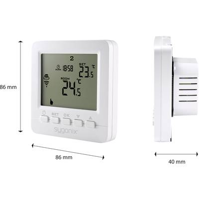 Ein digitales Thermostat mit Anzeige von Uhrzeit, Raumtemperatur (24°C) und eingestellter Temperatur (23,5°C). Maße: 86 mm x 40 mm.
