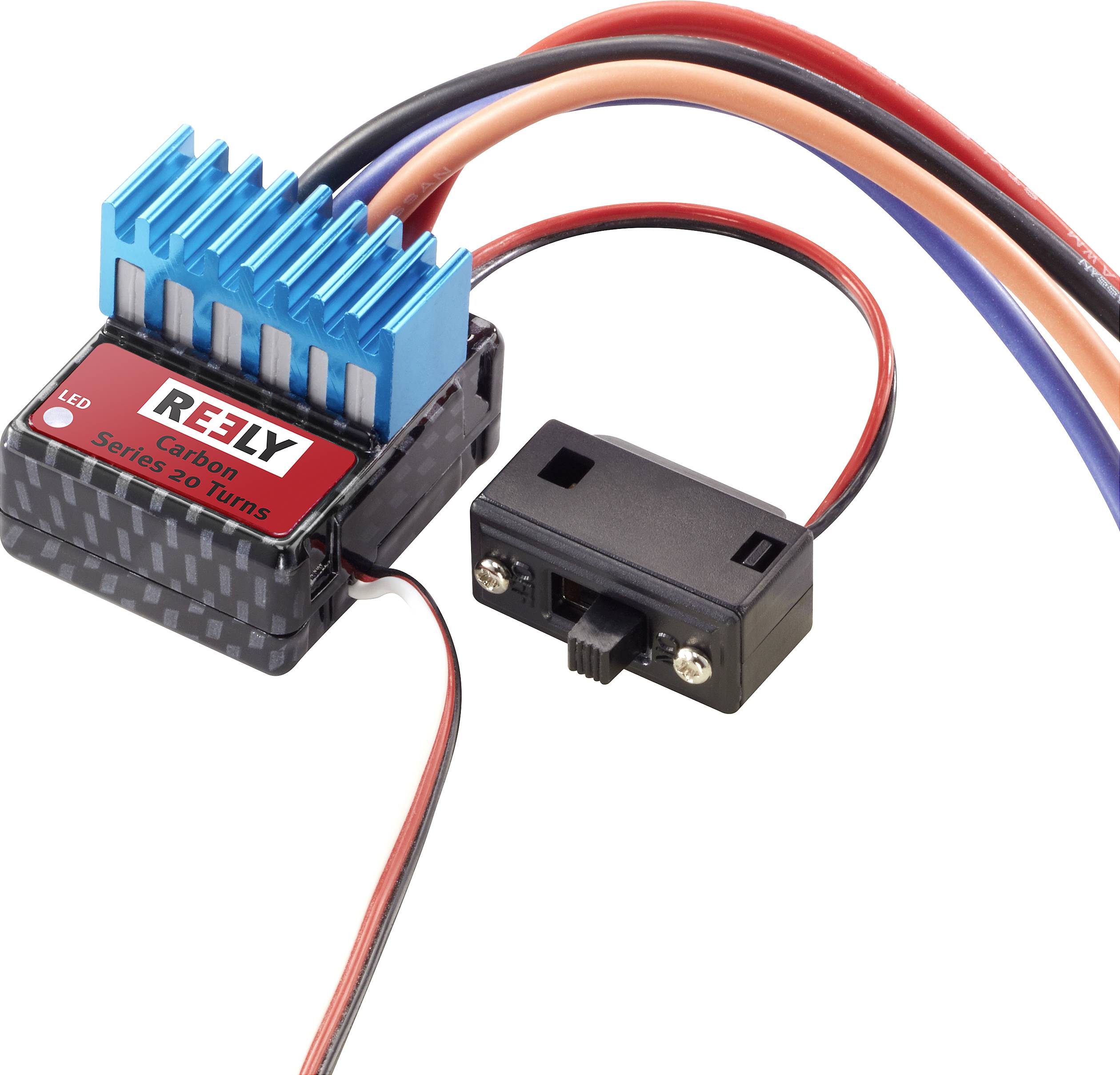 Elektronischer Drehzahlregler mit blauen Kühlrippen und mehreren Kabeln, verbunden mit einem kleinen schwarzen Schalter.