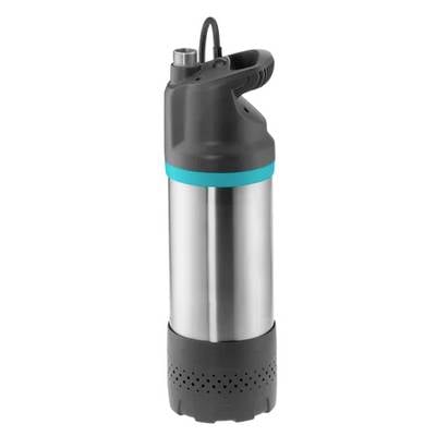 Silberne Pumpe mit schwarzem Griff und blauem Streifen in der Mitte, geeignet für Flüssigkeitstransfer, mit schwarzem Netzkabel oben.