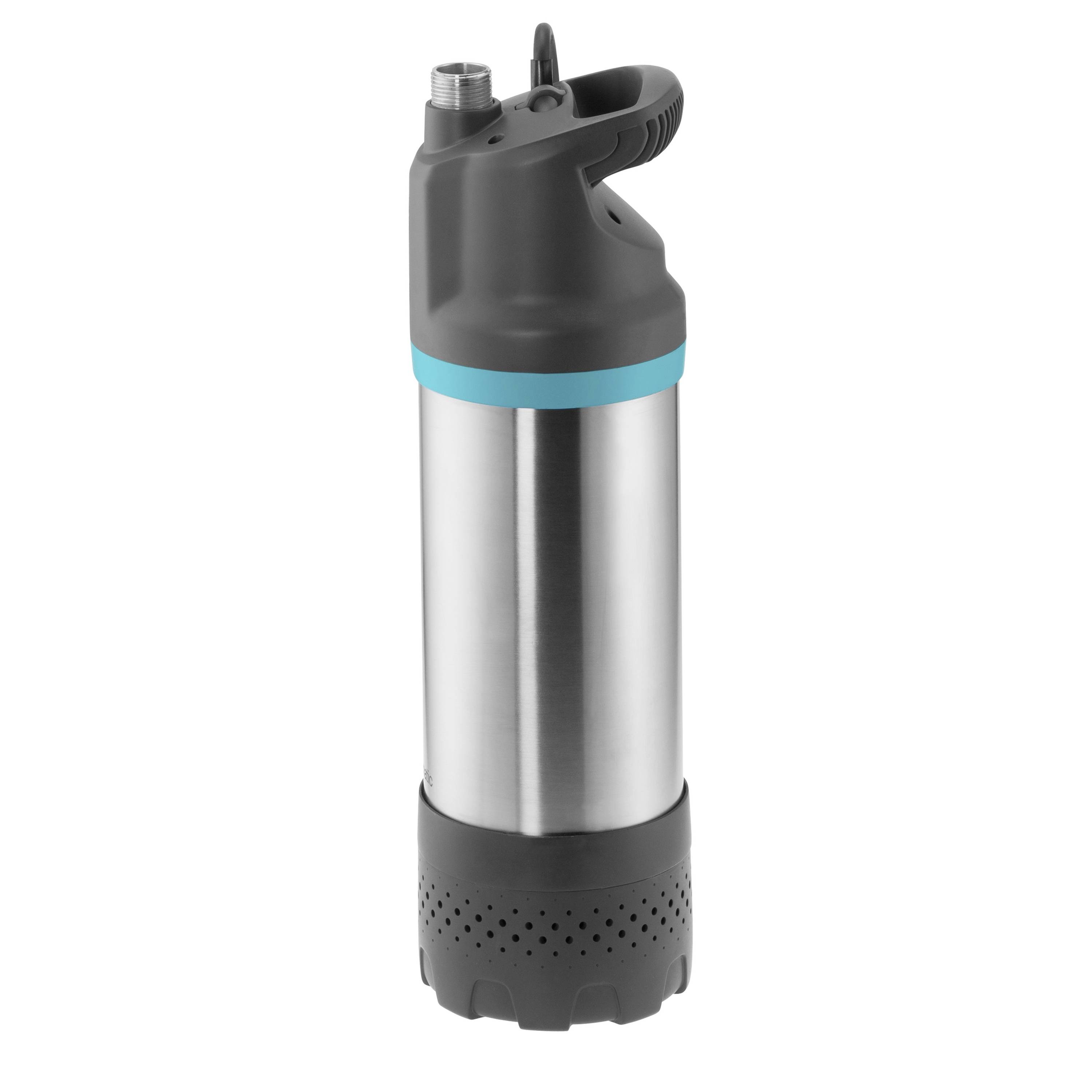 Eine metallische Pumpe mit einem schwarzen Oberteil und Sockel, die einen blauen Ring in der Nähe des oberen Endes aufweist. Konzipiert für Wasserförderung oder Filtrationsaufgaben.