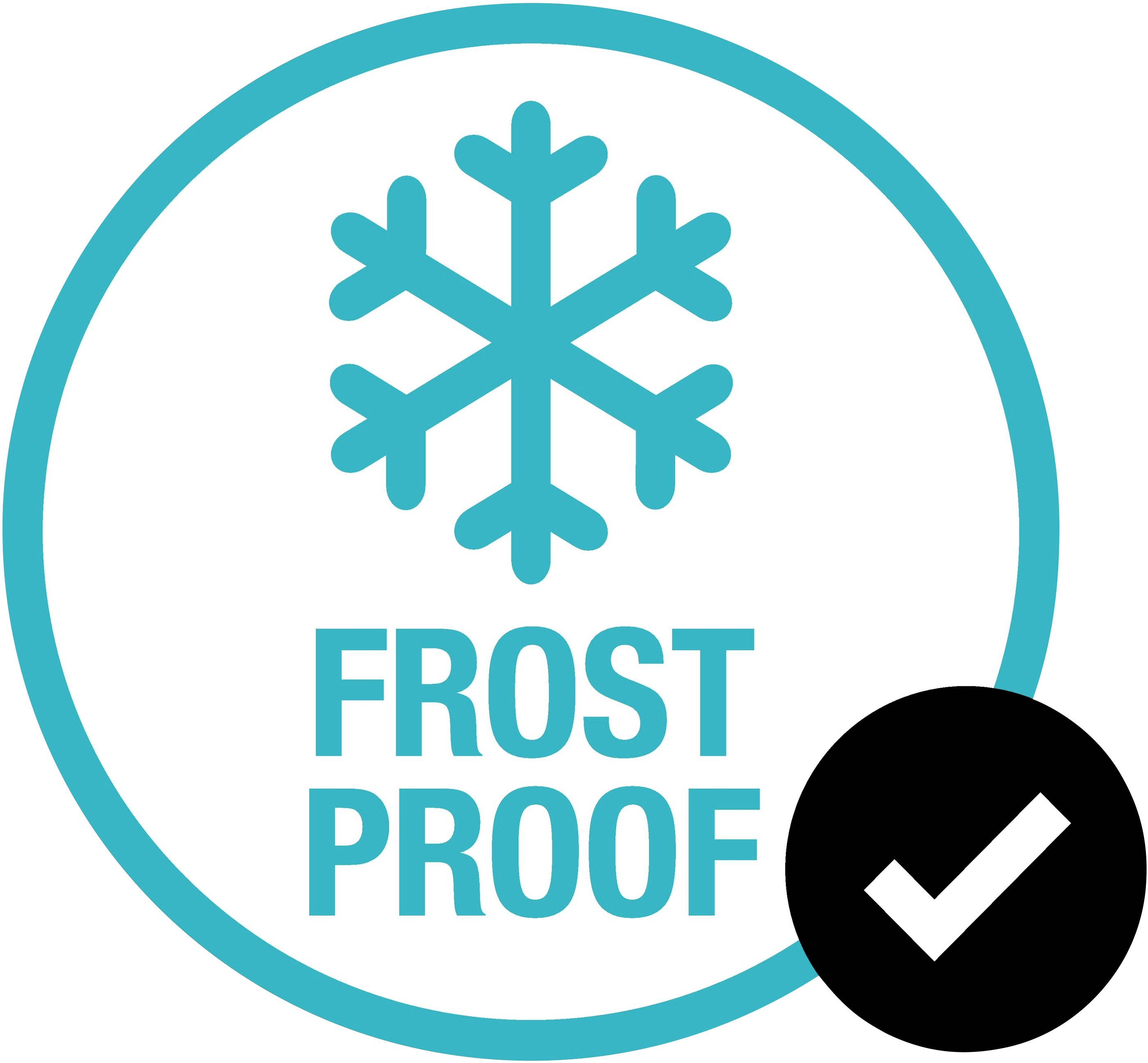 Ein blaues Schneeflocken-Symbol mit der Aufschrift 'Frost Proof' in einem Kreis, daneben ein schwarzes Häkchensymbol.