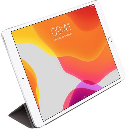 Tablet mit buntem Bildschirm, zeigt Datum und Uhrzeit '09:41, Dienstag, 10. September'. Tablet steht in einem schwarzen Ständer.