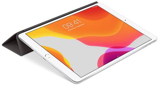 Silbernes Tablet mit schwarzer Schutzhülle, Bildschirm zeigt bunte abstrakte Formen und Uhrzeit 09:41.