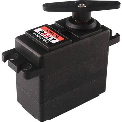 Schwarzer Servomotor mit Aufschrift 'Analog RELLY S-0270 MG'. Verwendet in Modellbau für präzise Steuerung von Bewegungen.