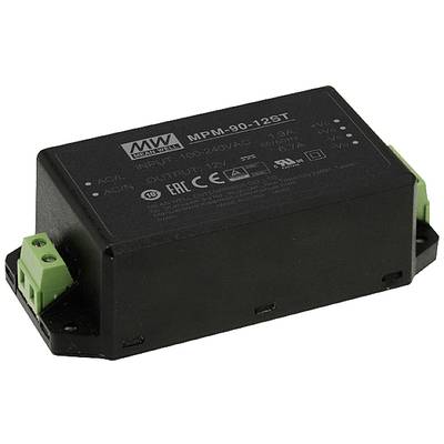 'Schwarzes Schaltnetzteil mit der Aufschrift MPM-90-12ST, Eingangsbereich 100-240V AC, Ausgang 12V. Markenlogos und Zertifizierungen sichtbar.'