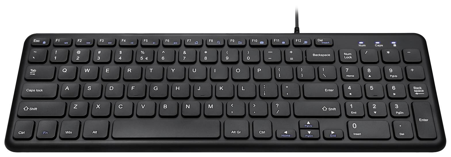 Schwarze, kabelgebundene Computertastatur in Standardlayout mit alphanumerischen Tasten, Funktionstasten und numerischem Tastenfeld.