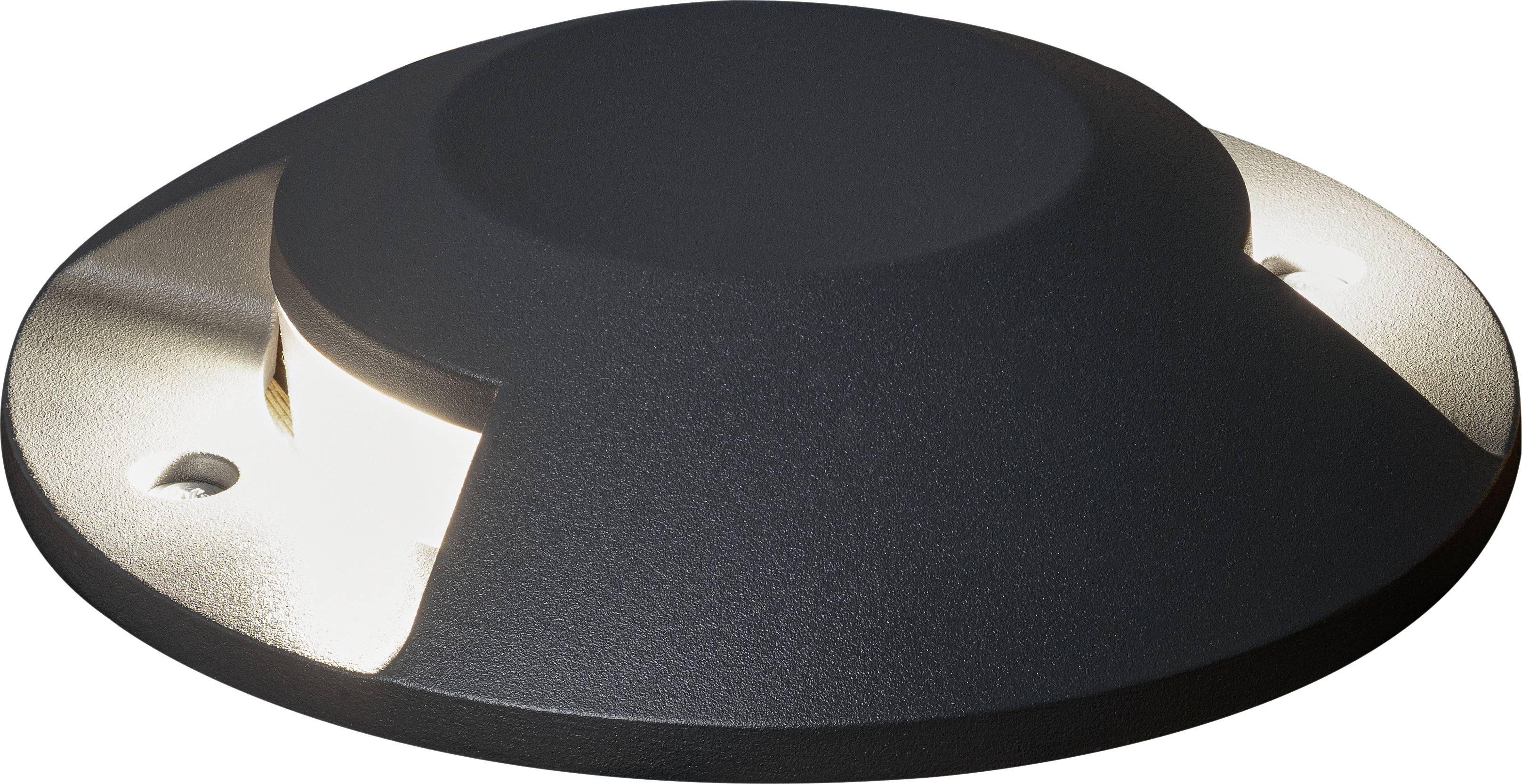 Schwarze, runde Bodenleuchte mit abgeschrägten Kanten, strahlt Licht in umliegende Richtung aus. Ideal für Gehwegbeleuchtung.