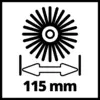 'Schleifscheibe mit einem Durchmesser von 115 mm', in einem Piktogramm dargestellt, das einen Kreis mit strahlenförmigen Linien zeigt.