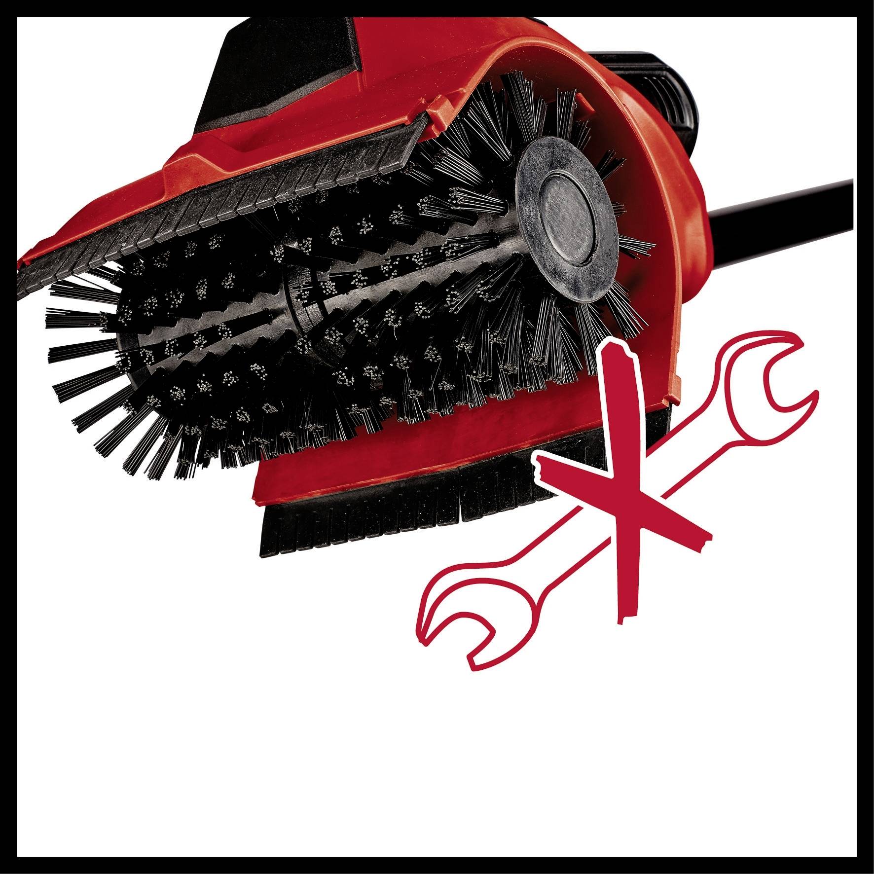 Ein rotes Gerät mit rotierenden Bürsten wird angezeigt. Daneben ist ein rotes 'X' über gekreuzten Werkzeugen zu sehen, was auf eine werkzeuglose Funktion hinweist.