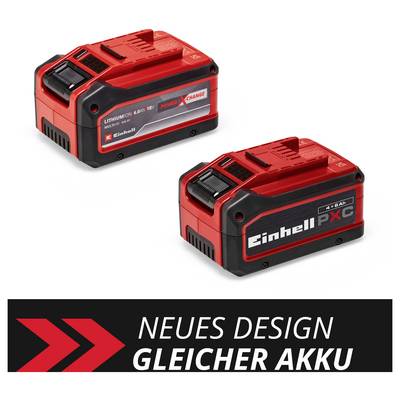 'Zwei rote Lithium-Ionen-Akkus, einer mit "Power X-Change"-Logo. Text darunter: "Neues Design, gleicher Akku".'