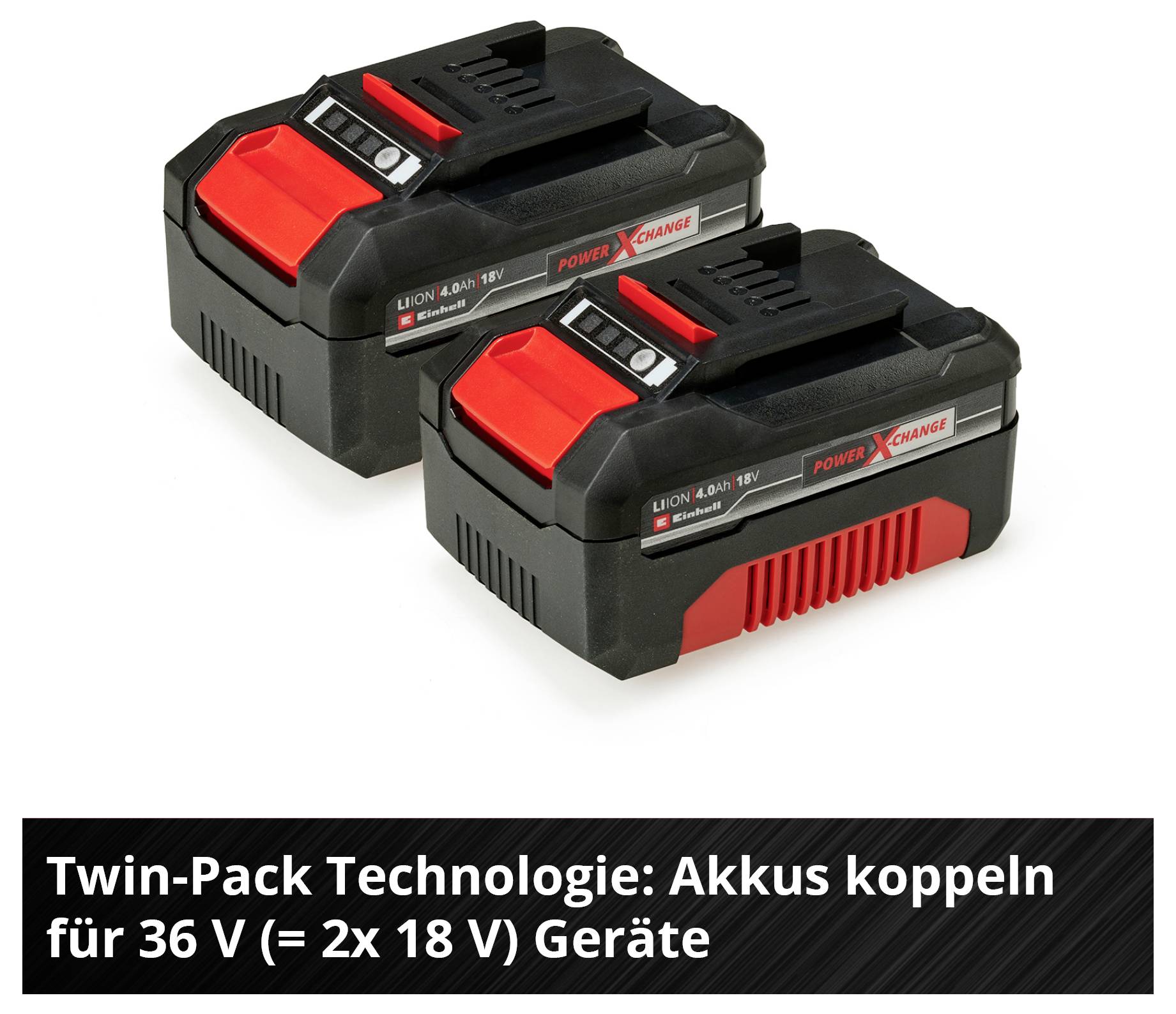 Zwei Li-Ion-Akkus mit 'Power X-Change' Logo, ermöglichen 36V Betrieb durch Koppelung, Text: 'Twin-Pack Technologie'.