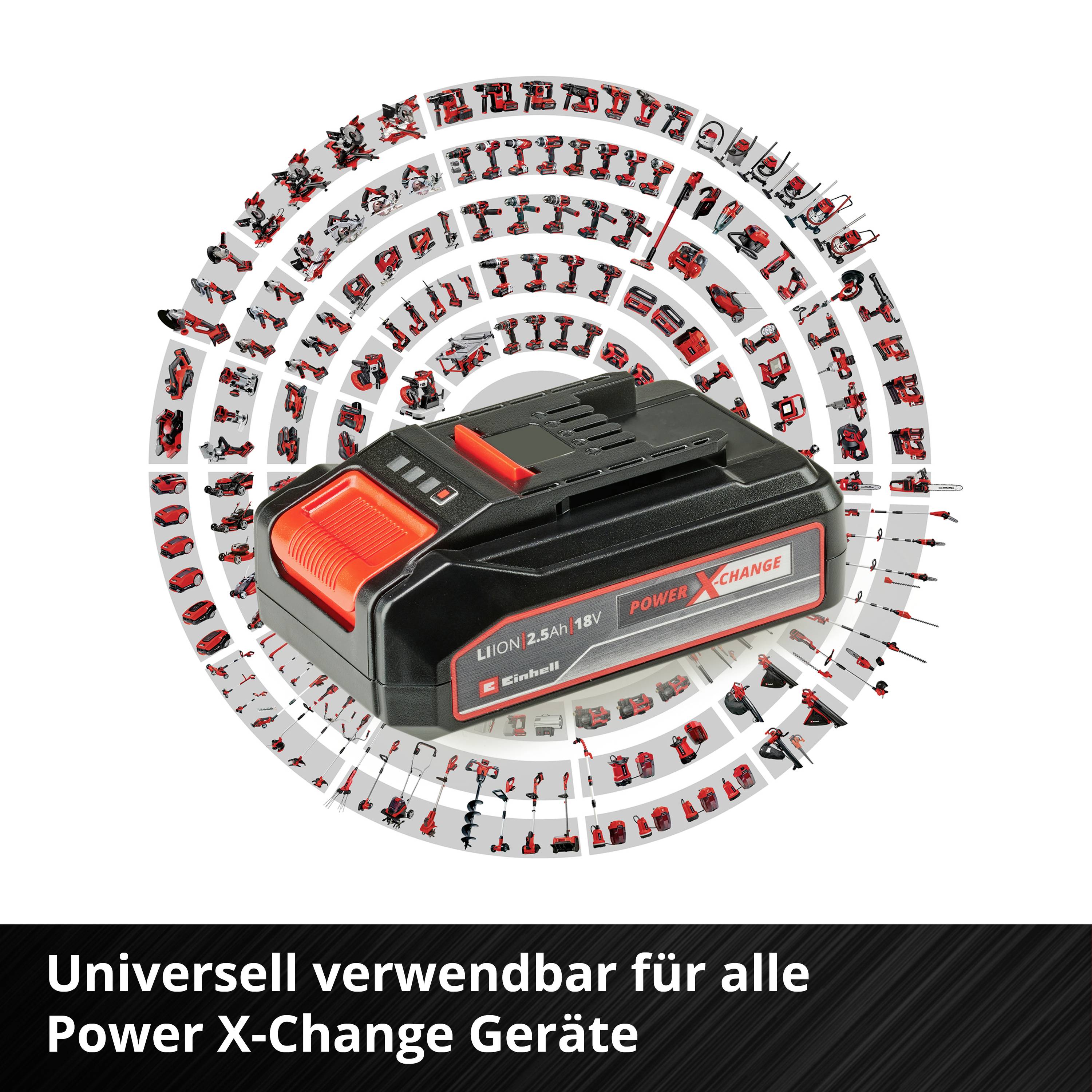 Ein Akkupack in der Mitte eines Kreises, umgeben von Symbolen verschiedener Werkzeuge. Text: 'Universell verwendbar für alle Power X-Change Geräte'.
