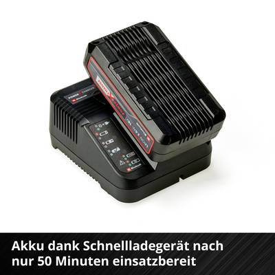 Ein Schnellladegerät mit einem aufgeladenen Akku. Beschriftung: 'Akku dank Schnellladegerät nach nur 50 Minuten einsatzbereit'.