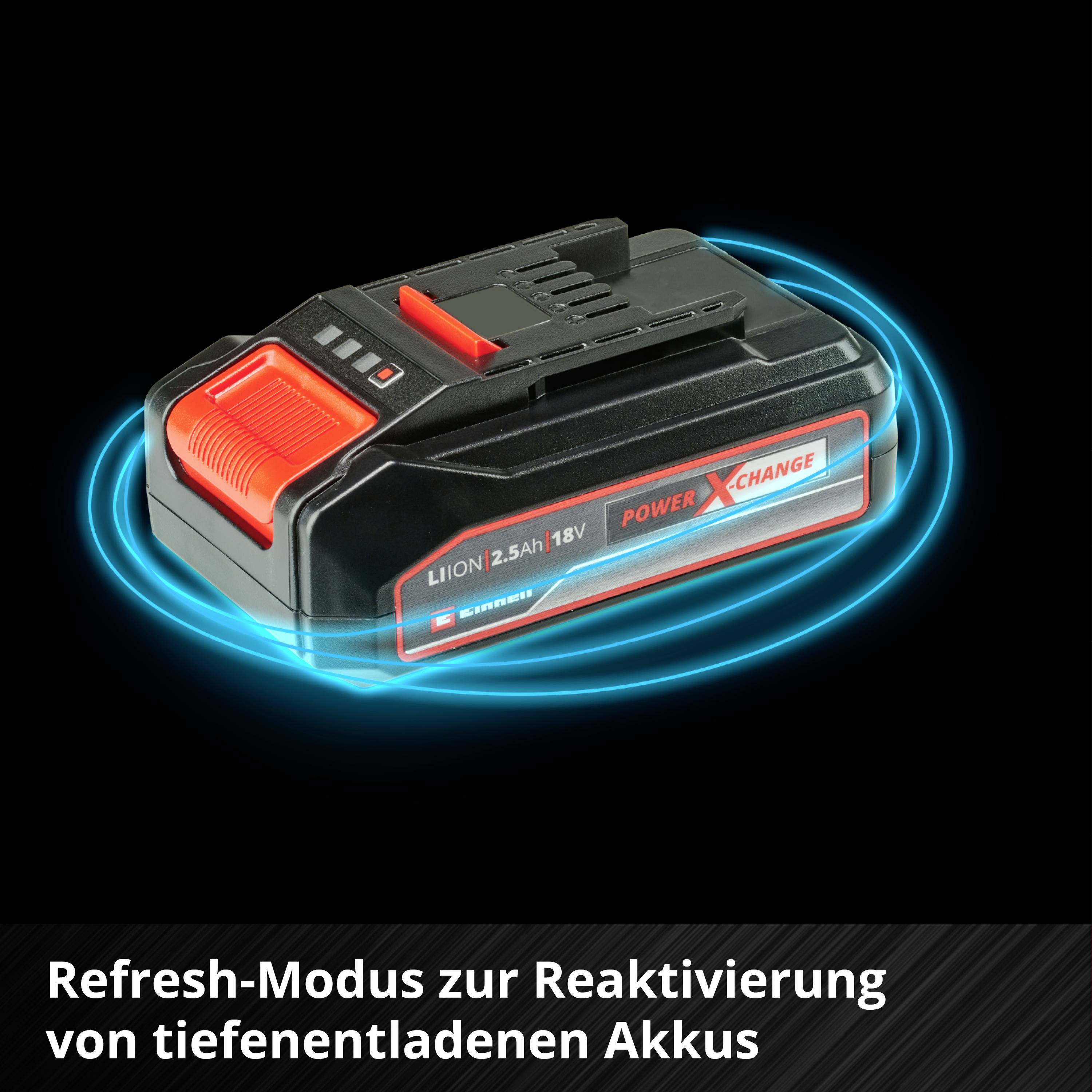'LiIon 2.5Ah 18V Akku mit Refresh-Modus zur Reaktivierung von tiefentladenen Akkus von Einhell Power X-Change.'