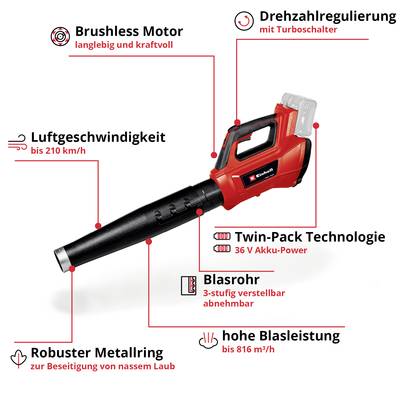 Akku-Laubbläser: Drehzahlregulierung mit Turbostufe, 36 V Akku, Luftgeschwindigkeit bis 210 km/h, Blasrohr abnehmbar, hohe Blasleistung.