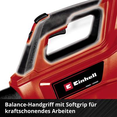 Ein roter Heckenschneider mit Softgrip-Handgriff, abgebildet ist der Markenname 'Einhell'. Text: 'Balance-Handgriff mit Softgrip für kraftschonendes Arbeiten'.