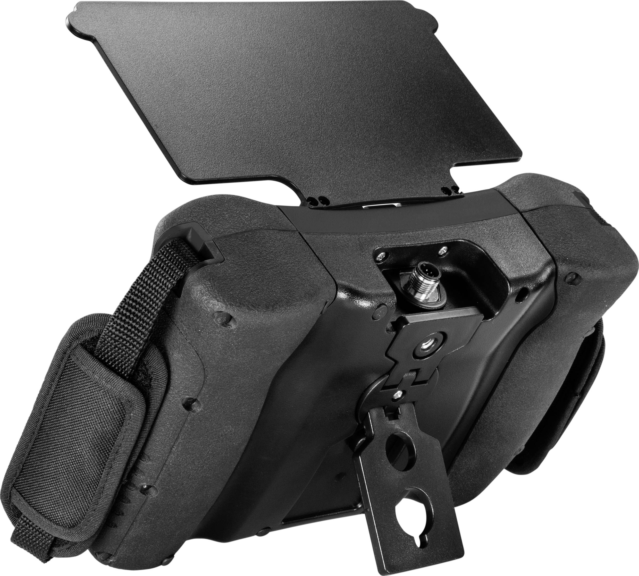 Ein schwarzes, robustes Handgerät mit einem großen Bildschirm und Halterung, möglicherweise für professionelle oder technische Anwendungen.