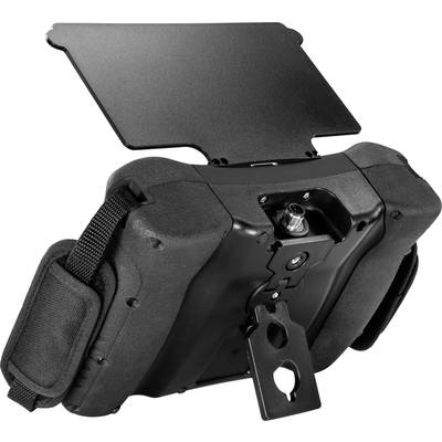 Ein schwarzes, robustes Handgerät mit einem großen Bildschirm und Halterung, möglicherweise für professionelle oder technische Anwendungen.