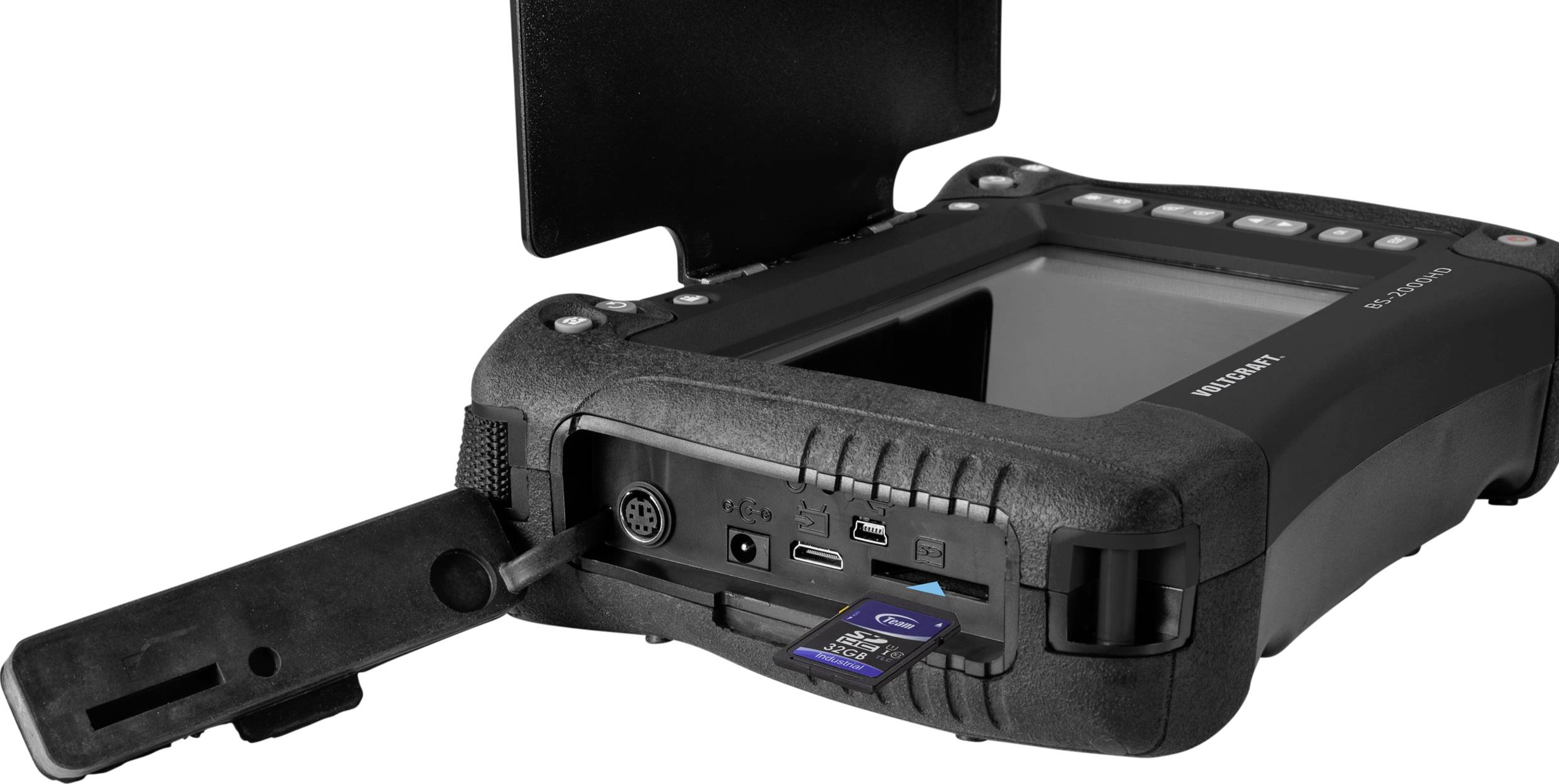 Ein tragbares elektronisches Gerät mit Bildschirm und mehreren Anschlüssen, darunter ein SD-Kartensteckplatz und USB-Anschlüsse.