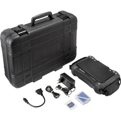 Schwarzer Hartschalenkoffer, robustes elektronisches Gerät, Ladegerät, Adapter und Speicherkarten in verschiedenen Formen.