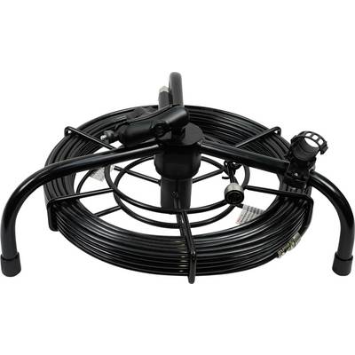 Eine schwarze Schlauchaufrollvorrichtung mit langem Kabel, auf einem Gestell montiert. Designed für sauberes und effizientes Aufrollen.