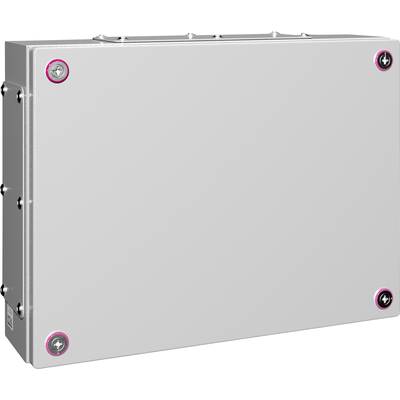 Ein rechteckiger, grauer Metallkasten mit vier roten Schrauben an den Ecken, möglicherweise ein elektrisches Gehäuse.