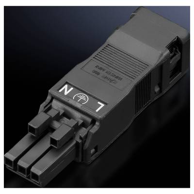 Schwarzer elektrischer Stecker mit zwei Anschlüssen, gekennzeichnet mit 'N' und 'L', auf dunklem Hintergrund.