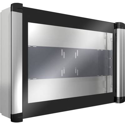 Ein silbernes und schwarzes Wandgehäuse aus Metall mit transparentem Glasdeckel, geeignet zur sicheren Aufbewahrung von Elektronik.