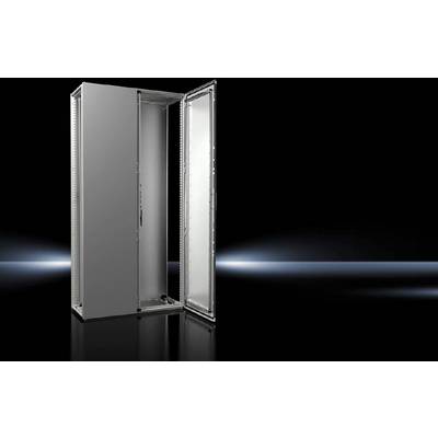 'Offener grauer Metallschrank mit reflektierendem Boden, zeigt Innenraum und Türdetails, vor einem schwarzen Hintergrund.'