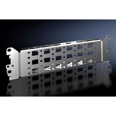 Metallhalterung mit rechteckigen und runden Öffnungen. Dient zur Befestigung oder Anordnung von Komponenten in technischen Geräten.