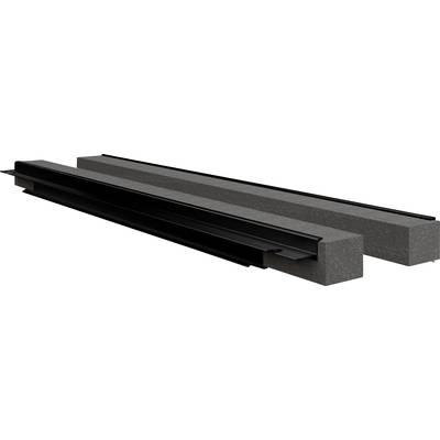 Zwei lange, rechteckige schwarze Metallteile liegen parallel zueinander auf dunklen Polstern, wahrscheinlich als Schutzverpackung.