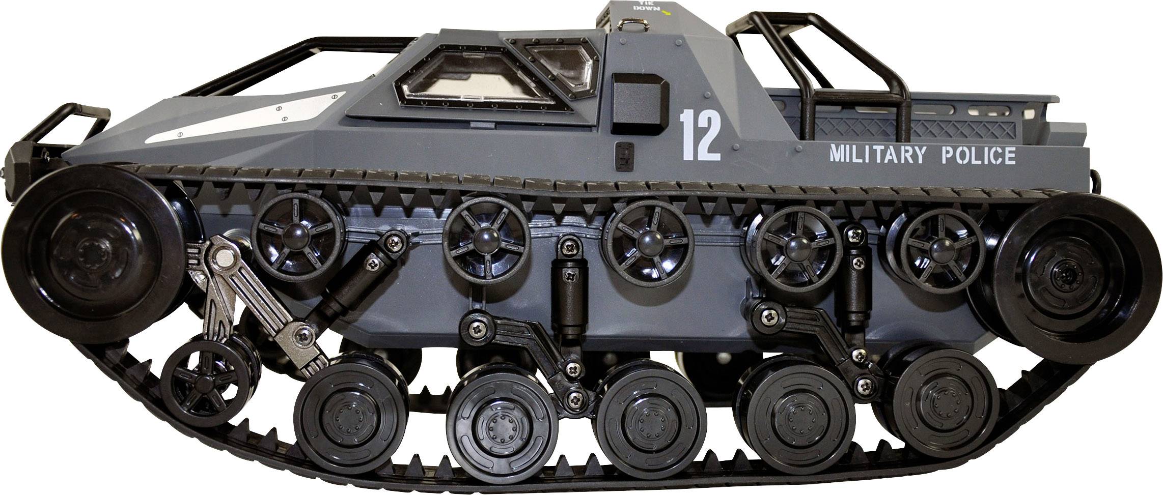 Graumodell eines kleinen, gepanzerten Kettenfahrzeugs mit der Aufschrift 'Military Police' an der Seite.