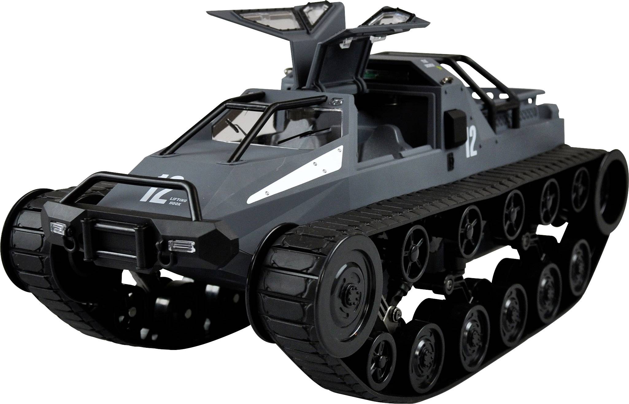 Grau-schwarzes ferngesteuertes Kettenfahrzeug mit offenem Dach und seitlicher Zierlinie, designiert als Modell 'L2'.