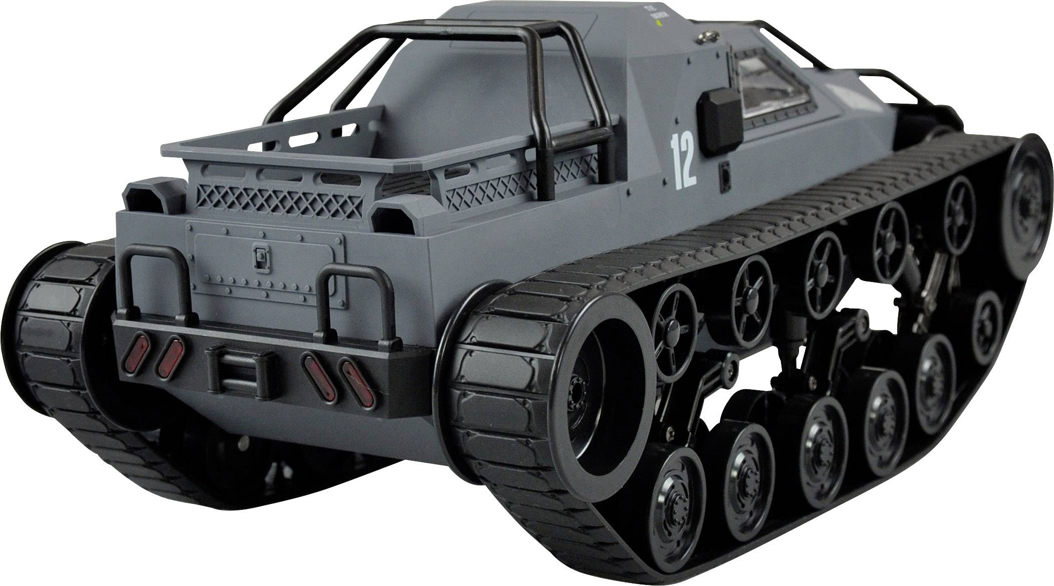 Militärisches Kettenfahrzeug in Grau mit Nummer '12', Ansicht von hinten. Es hat robuste Ketten und ist für unwegsames Gelände geeignet.