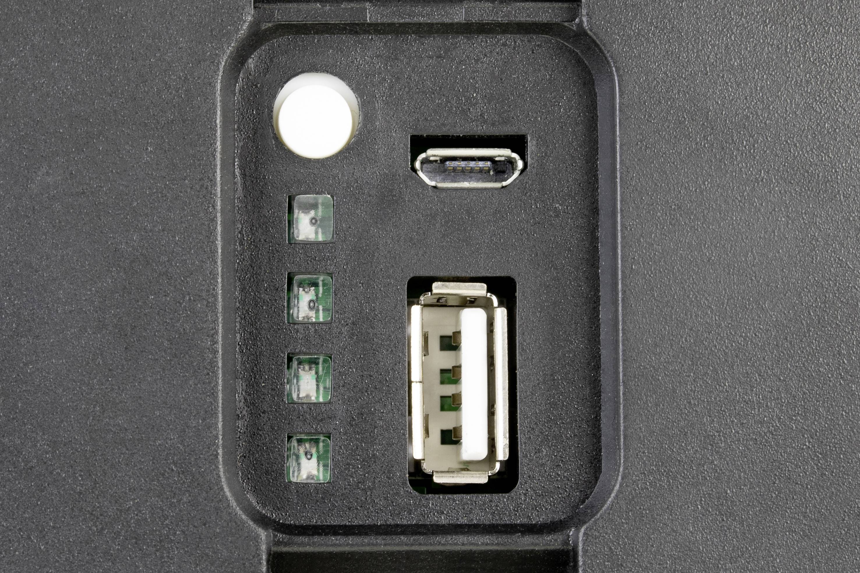 Nahaufnahme eines USB-Anschlusses und eines Micro-USB-Anschlusses an einem elektronischen Gerät, umgeben von mehreren LED-Anzeigen.
