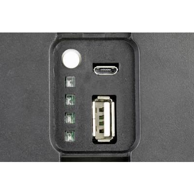 Nahaufnahme eines USB-Anschlusses und eines Micro-USB-Anschlusses an einem elektronischen Gerät, umgeben von mehreren LED-Anzeigen.