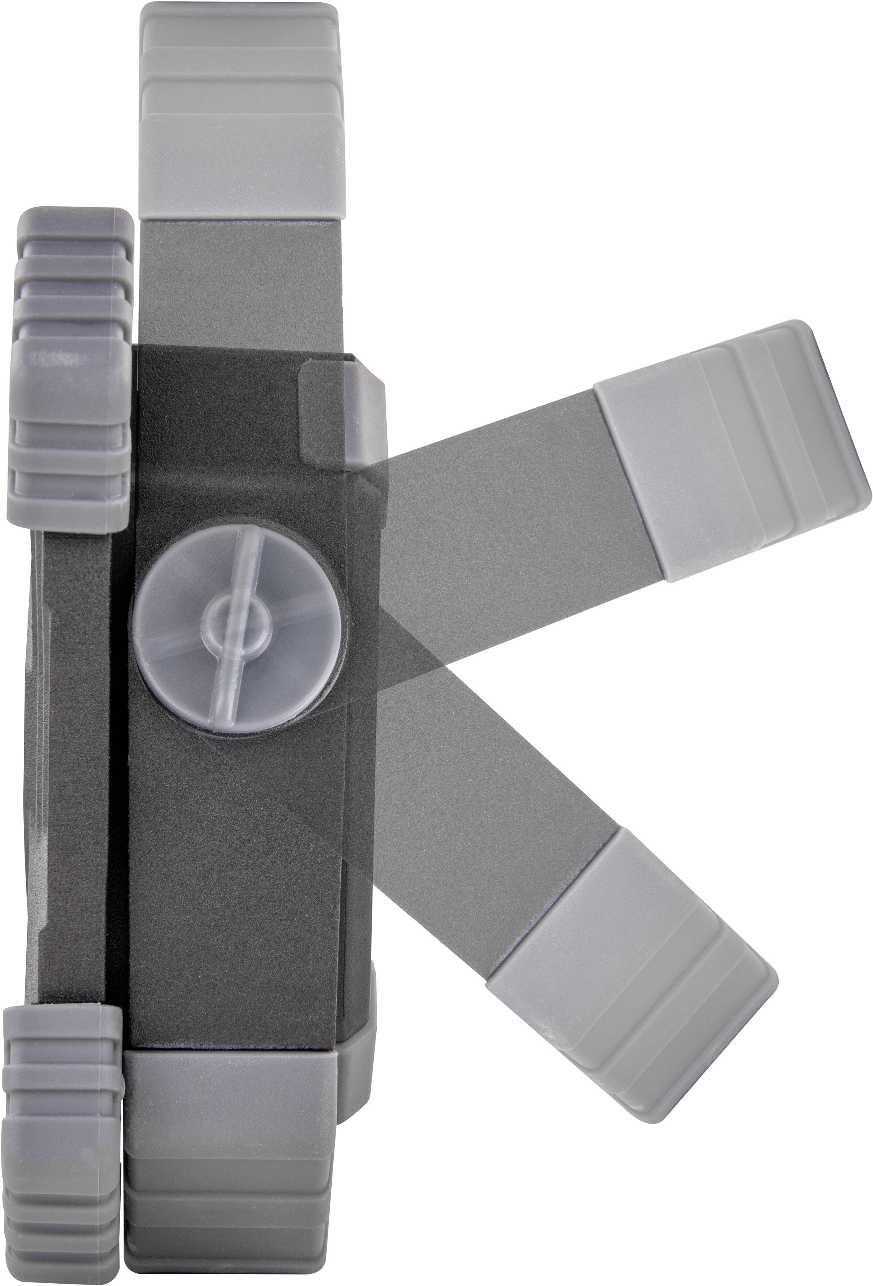 Eine schwarze Verriegelung mit einem drehbaren Hebel in grau, gezeigt in drei Positionen.