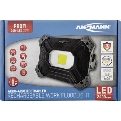 'Akku-Arbeitsstrahler mit 30W COB-LED, 2400 Lumen, IP54, stoßfest, 3 Jahre Garantie. Zertifiziert von "German Quality Check".'