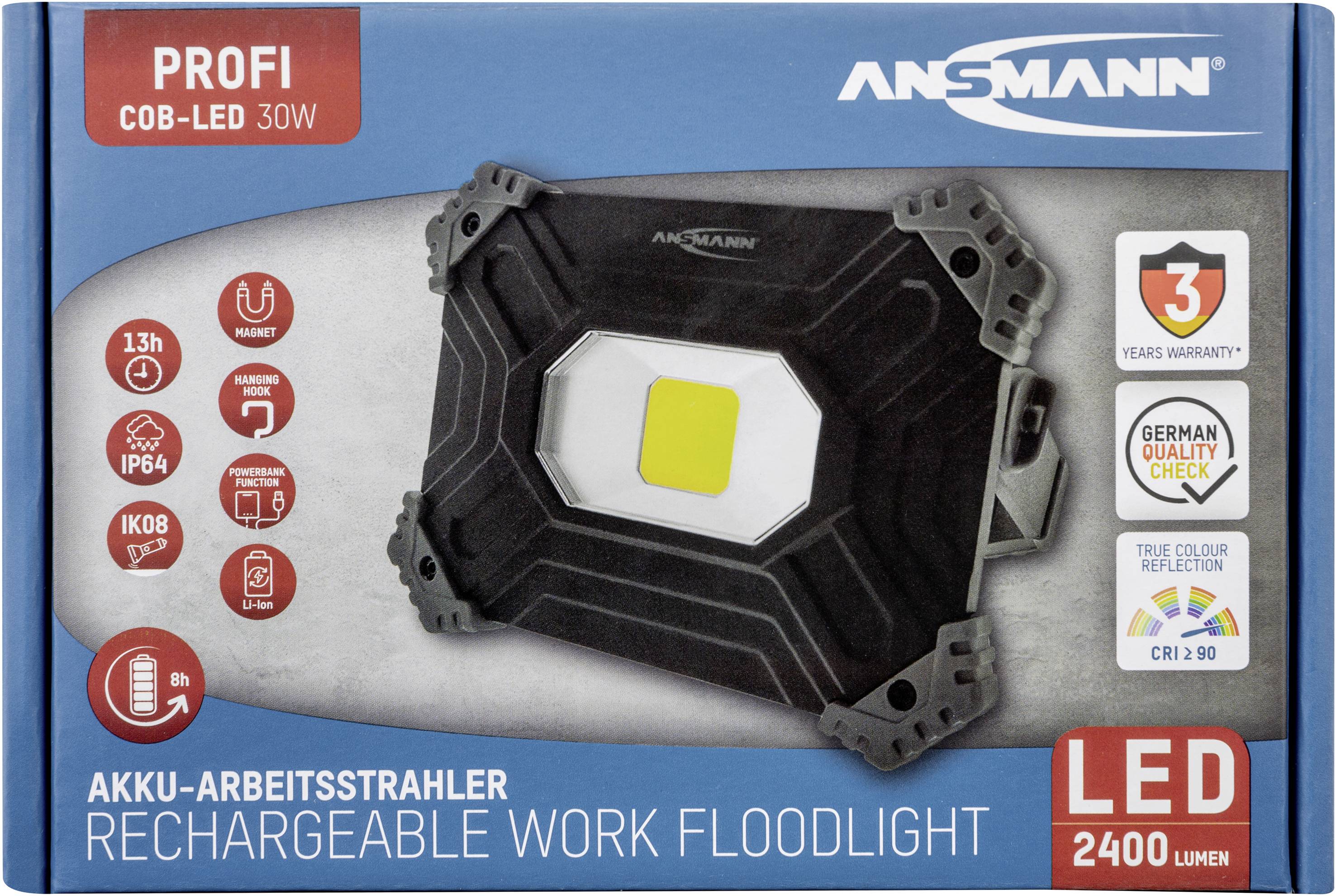 'Akku-Arbeitsstrahler mit 30W COB-LED, 2400 Lumen. 13 Std. Laufzeit, IP64, stoß- und wasserfest. 3 Jahre Garantie, True Colour.'