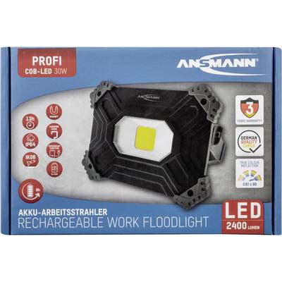 'Akku-Arbeitsstrahler mit 30W COB-LED, 2400 Lumen. 13 Std. Laufzeit, IP64, stoß- und wasserfest. 3 Jahre Garantie, True Colour.'