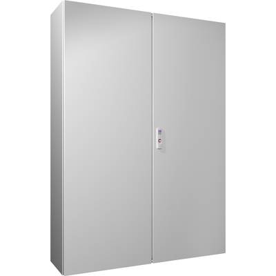 Ein geschlossener, großer grauer Schrank mit glatten Türen und einem schmalen, mehrfarbigen Bedienfeld in der Mitte.