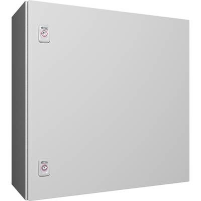 Grauer metallener Schrank mit zwei Verschlüssen an der Vorderseite.